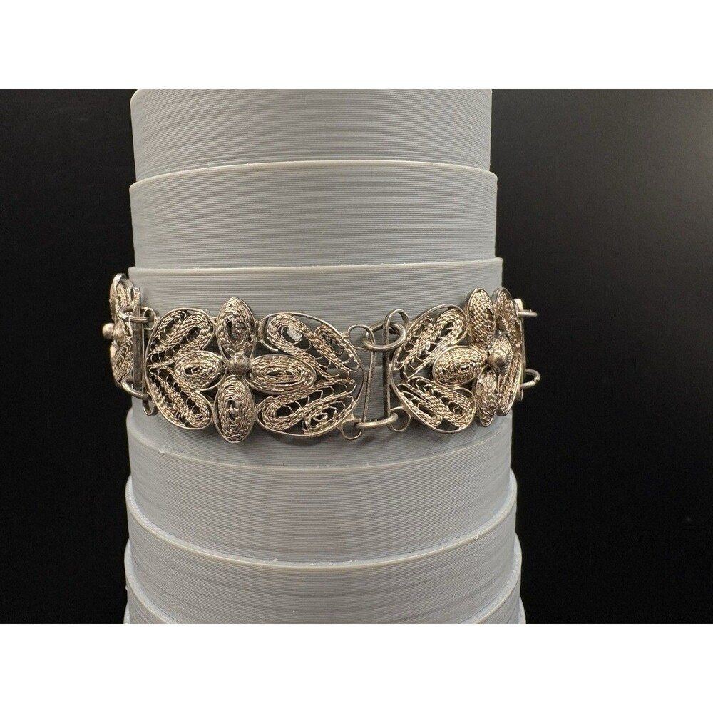 Antique Victorian Sterling Silver Filigree Panel Bracelet 7” 14.49g